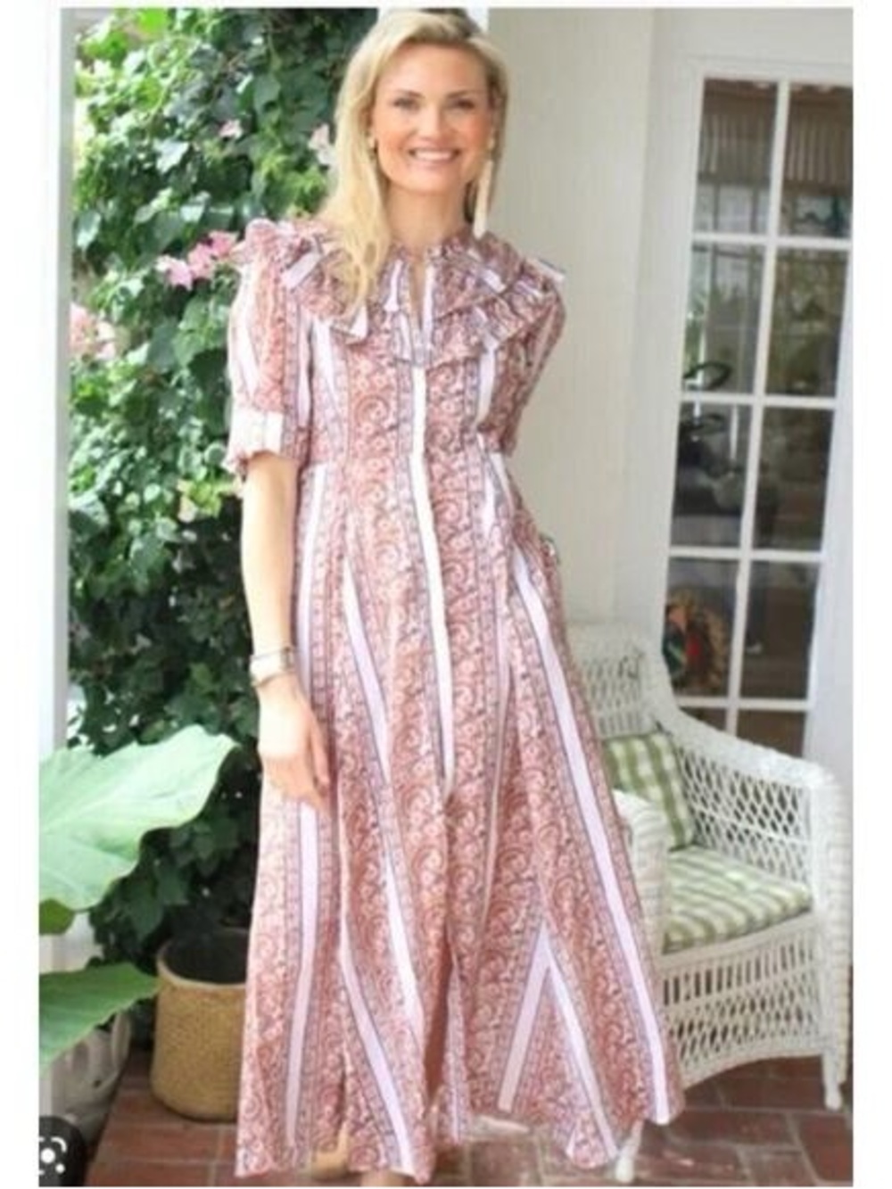 Julia Amory Paisley Stripe Ruffle-Trim Maxi Dress - Brown